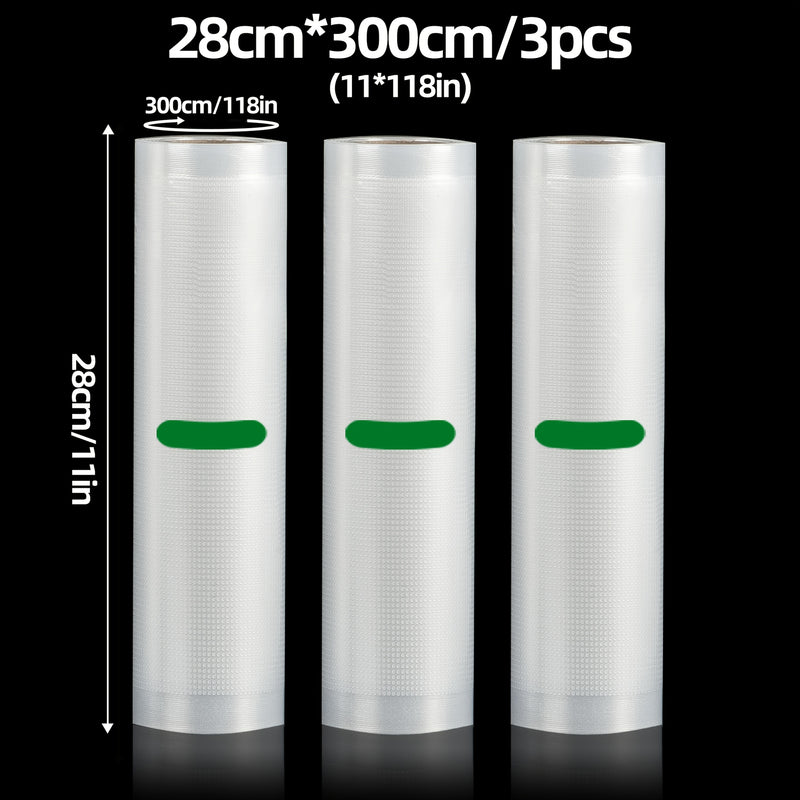 Paquete de 3 Bolsas Selladoras AGASHE - Rollos de 3m, Múltiples Tamaños (11.18” y 7.09” de Ancho), Cortables para Almacenamiento de Alimentos, Sous Vide, Preparación de Comidas - Rollos Texturizados Premium Compatibles con Todas las Selladoras, Conservac