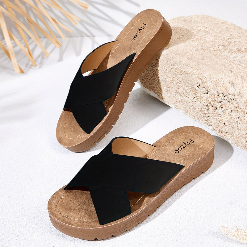 1 par de sandalias planas de verano para mujer con tiras cruzadas - punta abierta, sin cordones, cómodas, con cubierta sintética, zapatillas de playa con suela gruesa y acolchada para uso diario, al lado de la piscina, uso casual y zapatillas de piscina,