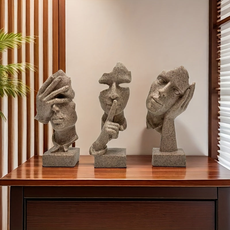 Conjunto de 3 piezas de decoración artesanal europea con máscaras de personajes abstractos simples, escultura para oficina y sala de estar