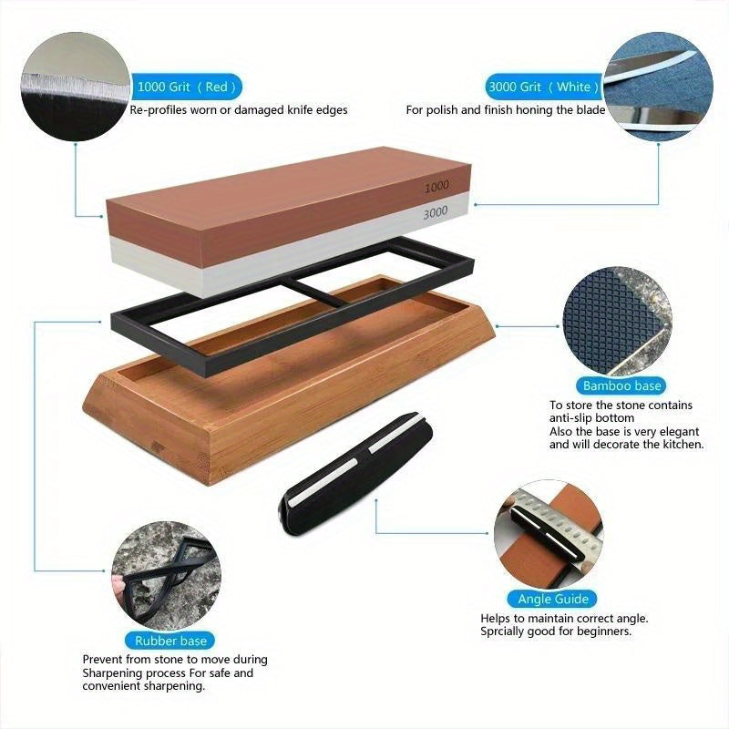 3 piezas Conjunto profesional de afilado de cuchillos de cocina - Piedra de afilar 1000/3000/8000 granos, base de madera, guía de ángulo, sistema de afilado manual no eléctrico