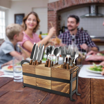 1pc Portaútiles, Bola de Utensilios Rústica con 3 Compartimentos, Organizador de Cocina para Encimera, Caja de Madera para Cubiertos, Tenedor, Cuchara y Espátula, Estilo Granja