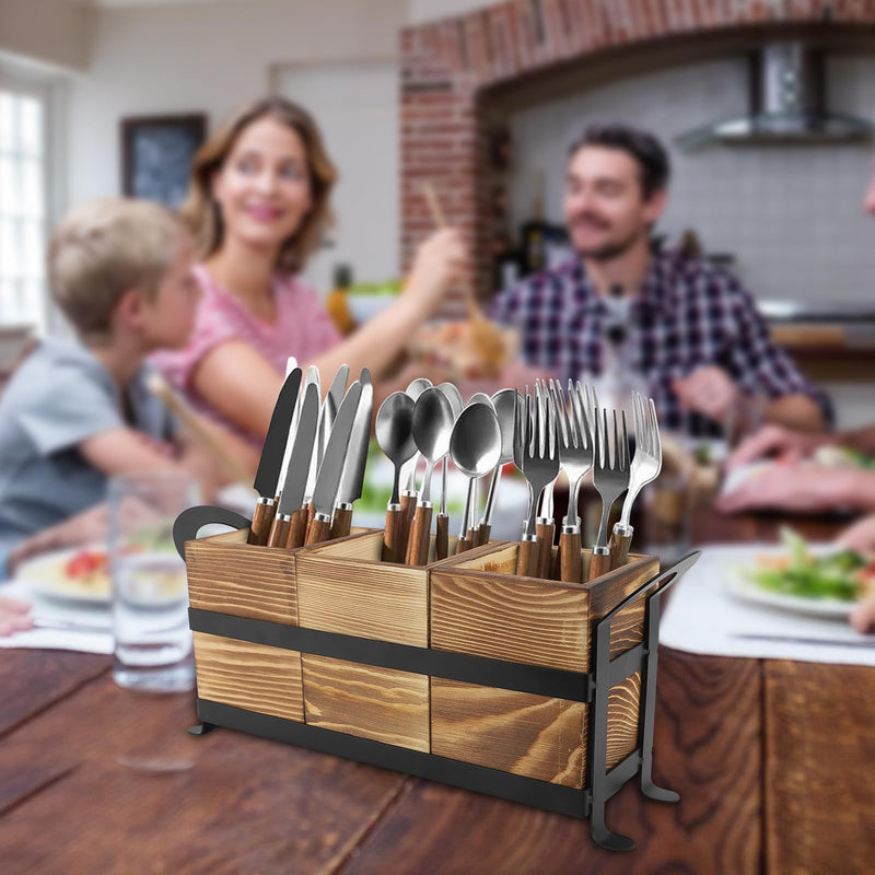1pc Portaútiles, Bola de Utensilios Rústica con 3 Compartimentos, Organizador de Cocina para Encimera, Caja de Madera para Cubiertos, Tenedor, Cuchara y Espátula, Estilo Granja
