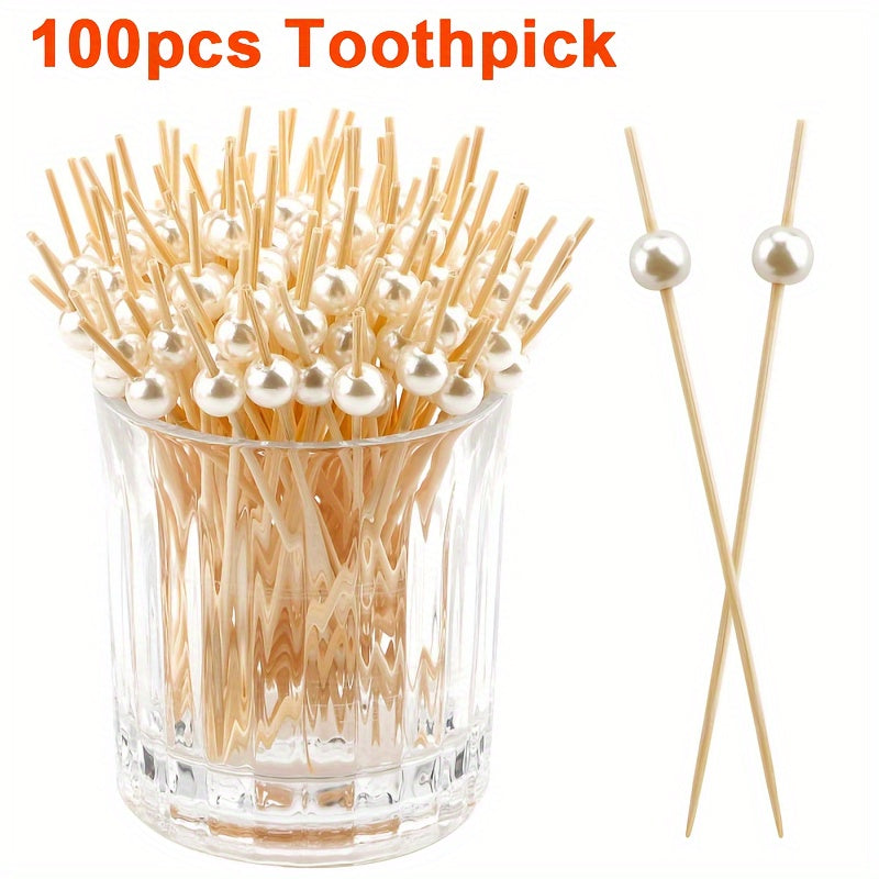 100 piezas de palillos de dientes de bambú para fiestas de bodas, palillos para verduras y frutas con perlas, aperitivos y frutas con perlas doradas/rosas/blancas, palillos para alimentos y bebidas de Navidad, Año Nuevo, palillos para pasteles, postres,