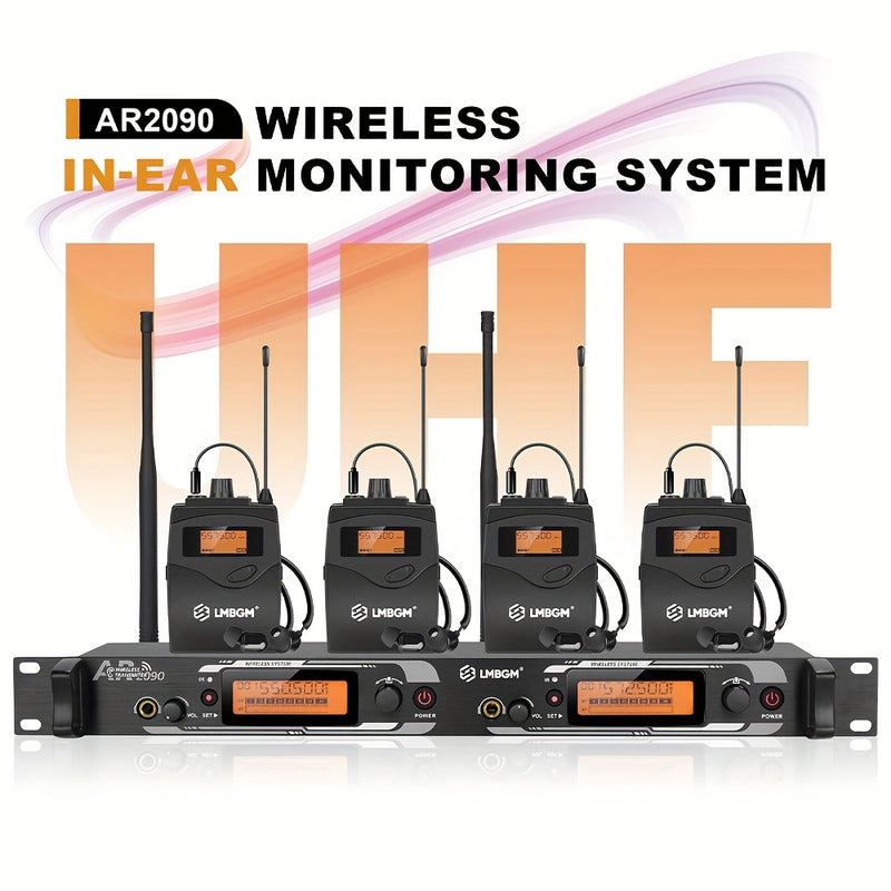 Sistema de monitoreo inalámbrico UHF AR2090-4 de LBMGM, con 4 unidades de cuerpo, 16 canales ajustables, rango de señal de 165 pies, para bandas, músicos y espectáculos de teatro.