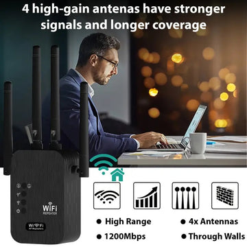 Amplificador de señal WiFi negro de 12000 metros - Extensor de red inalámbrica de 2,4 GHz, receptor, enchufe de EE. UU., banda única, 100V-240V, router de venta al por mayor para hogar y oficina