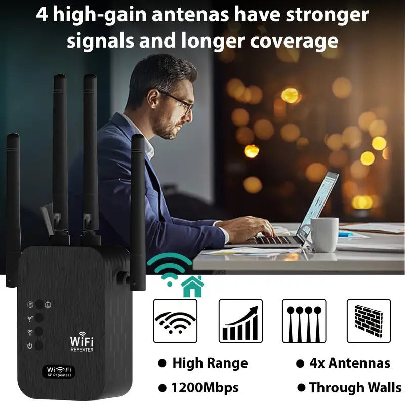Amplificador de señal WiFi negro de 12000 metros - Extensor de red inalámbrica de 2,4 GHz, receptor, enchufe de EE. UU., banda única, 100V-240V, router de venta al por mayor para hogar y oficina