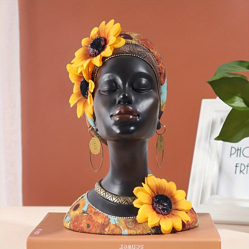 [Estatua Vintage de Mujer Tribal] Figura Vintage de 1 pza de Resina - Estatua de Mujer Negra con Tocado de Girasol - Decoración Exótica Tribal Africana - Ideal para Sala de Estar, Entrada, Vitrina de Vinos, Decoración Creativa para el Hogar