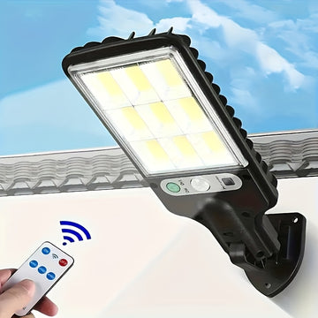 1 foco solar con control remoto, 90 LED COB, sensor de movimiento, montaje semiempotrado, material plástico, acabado pulido, plegable, accesorio desmontable, carga solar, batería de litio recargable, montaje en pared, incluye hardware de instalación