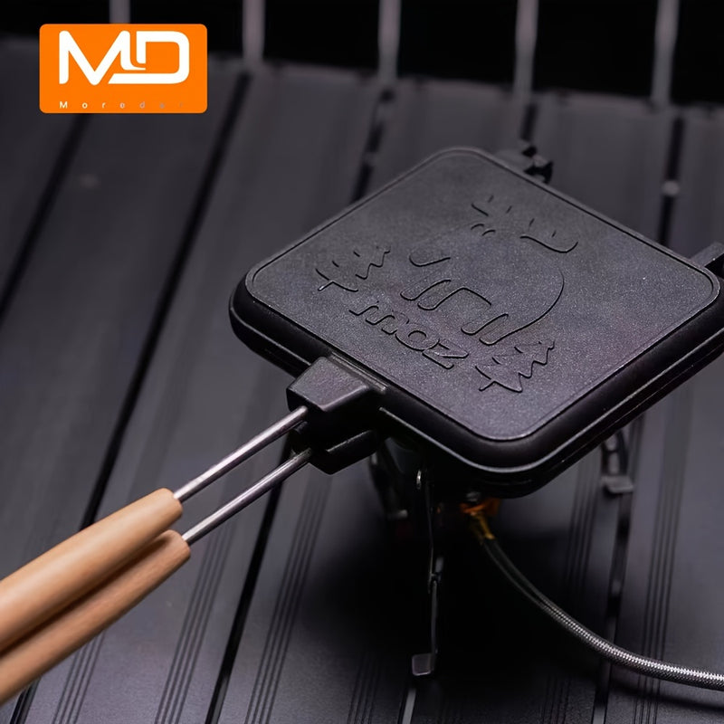 MOREDOR 1 pieza Sartén de Doble Cara con Relieve de Alce Antiadherente y Mango de Madera Extraíble, Fabricante de Sándwiches de Aluminio para Desayuno, Sándwiches, Cocina Casera - Fácil Limpieza y Distribución Uniforme del Calor