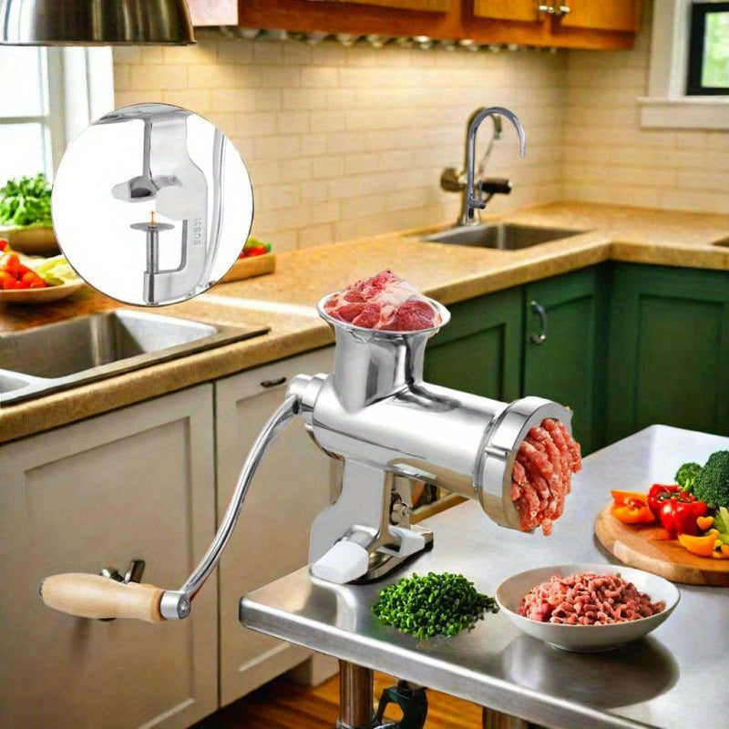 Molino de carne manual de acero inoxidable - Herramienta de cocina con manivela para picar carne y verduras, procesador de alimentos multifuncional no eléctrico con mango ergonómico, diseño duradero para cocina en casa, molino de verduras, acabado metáli