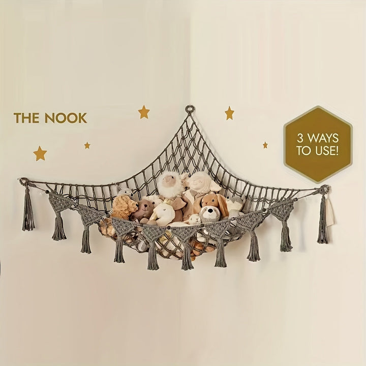 Hamaca estilo bohemio para peluches - Red de almacenamiento triangular para juguetes, organizador multiusos no impermeable para habitación de jóvenes, estante de exhibición en esquina, regalo perfecto, hamaca para juguetes, almacenamiento en esquina