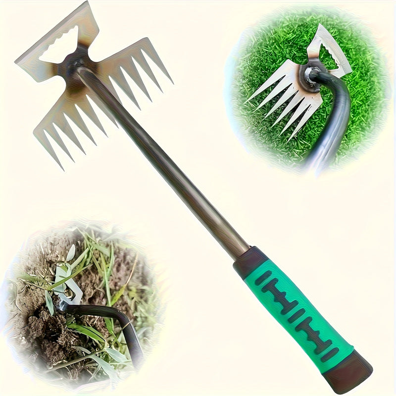 1 pieza Herramienta de Deshierbe Duradera de Acero al Manganeso - Rastrillo de Jardín Portátil con Mango Verde Ergonómico para la Fácil Eliminación de Suelos y Verduras Silvestres, Pala Manuales de Doble Propósito para Tareas de Jardinería, Jardinería Ma