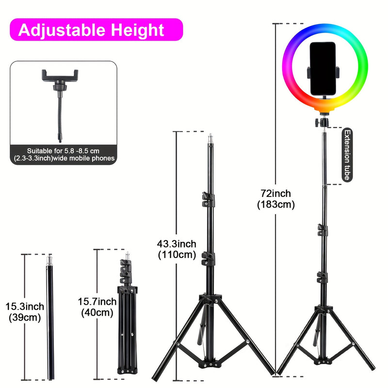 Kit de luz anular RGB ZOMEI de 30.48 cm con trípode de 109.98 cm y barra de extensión de 38.86 cm - Alimentación por USB, acabado metálico esmerilado para fotografía, grabación de video, transmisión en vivo y juegos