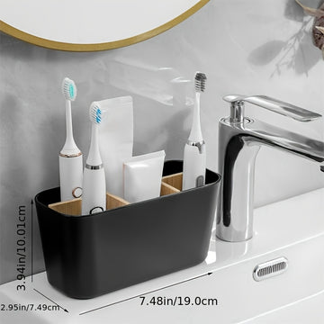 Portarrollos de dientes para baños, soporte de cepillo de dientes de bambú con 5 ranuras organizador de tocador para baño para cepillos de dientes eléctricos, pasta de dientes, rasuradoras - Negro