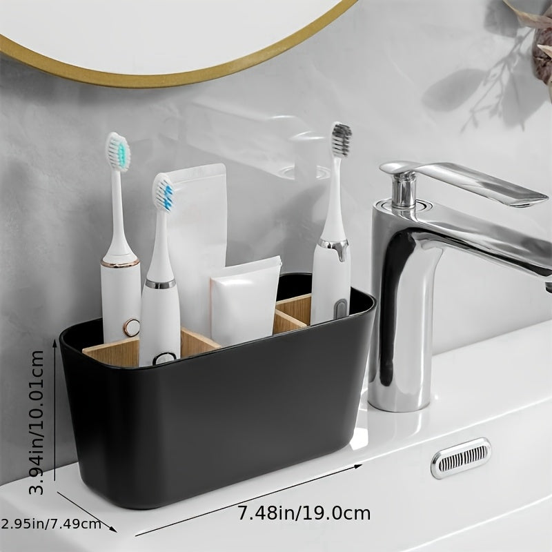 Portarrollos de dientes para baños, soporte de cepillo de dientes de bambú con 5 ranuras organizador de tocador para baño para cepillos de dientes eléctricos, pasta de dientes, rasuradoras - Negro
