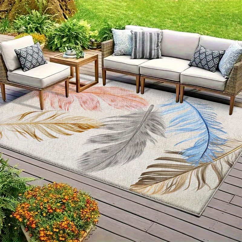 Gran alfombrilla de exterior de terciopelo ultra-suave - Antideslizante, lavable en máquina, patrón geométrico en tonos de azul, beige y marrón - Ideal para camping, patio o decoración de jardín, alfombrilla de camping
