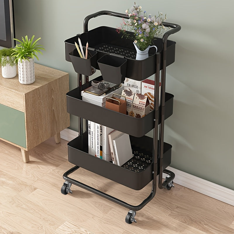 Carrito organizador rodante de 3 o 4 niveles con ruedas, estructura resistente de plástico y metal, acabado negro, organizador móvil para cocina, baño o lavandería, carrito multiusos que ahorra espacio, solución de almacenamiento elegante, contenedores d