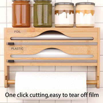 Organizador de cocina con cortador de papel film y soporte para papel - Solución de almacenamiento tres en uno: dispensador de papel encerado, rollos de papel encerado y aluminio - Ahorra espacio con portarrollo de plástico y dispensador de envoltura