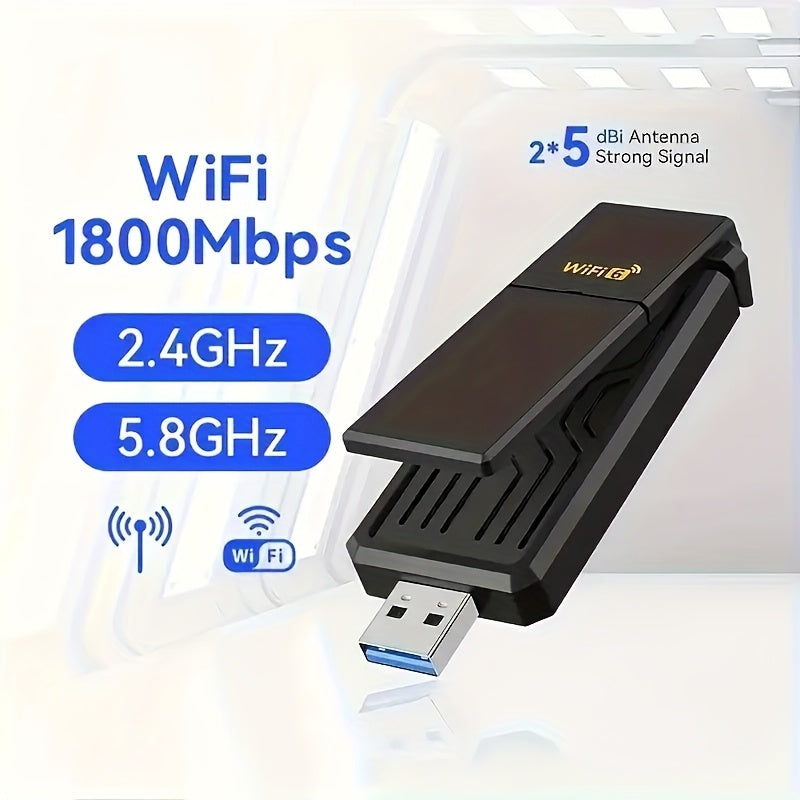 Adaptador sin varillas WiFi 6 USB 3.0 de 1800Mbps, Compatible con PC y Portátil, Adaptador USB WiFi 802.11ax con Tecnología Super USB 3.0 y Seguridad WPA3, Antena Dual de Alta Ganancia 5dBi, Receptor/Transmisor Banda Doble 5.8G/2.4G