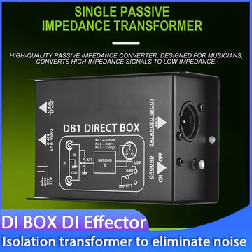 DI1 Caja de Directa Pasiva de Alto Rendimiento Profesional, Conversión de 1/4" a XLR Balanceado/No Balanceado, Eliminación de Ruido, para Interfaz de Audio de Computadora, Negro, Compatible con Computadoras Personales, Cuerpo de Hierro, Sin Fuente de Ali