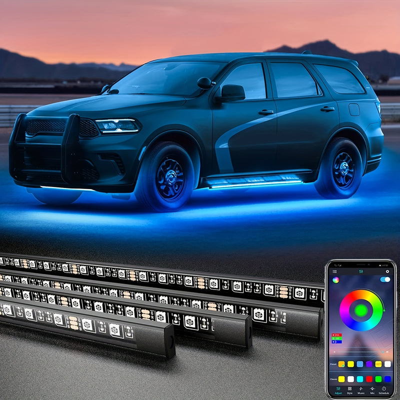 4 piezas de luces LED RGB para coche, luces LED para coche con aplicación, luces de tira de luz inferior para coche con modo de música, kit de luces LED de luz inferior para SUV, camiones, regalo de Navidad