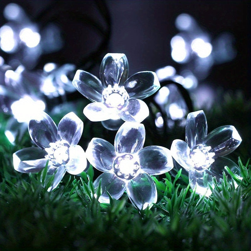 Luces de cuerda de flores de cerezo alimentadas por energía solar, 8 modos, 5m/6.5m, 20/30 LED, plástico, tema floral, control de botón de pulsar, función de parpadeo, carga solar, batería de níquel, para jardín, boda, decoración de festival