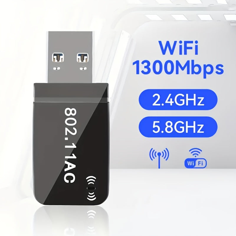 Adaptador sin varillas USB 1300Mbps para PC con Antena Dual Band de Alta Ganancia 5G/2.4G, Compatible con Windows 7/8/1/10/11: ¡Convierte tu PC en un Punto Acceso Móvil y Ofrece WiFi Instantáneo!