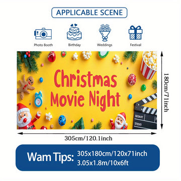 Luz de puerta 2D, 1 pieza, banner de puerta festivo de Noche de Cine de Navidad - Diseño vibrante de Papá Noel, galletas de jengibre y palomitas, poliéster duradero, perfecto para decoraciones navideñas, uso interior y exterior, decoraciones navideñas