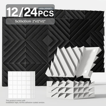 12pcs, 24pcs - Paneles de Espuma Aislante Acústica con Ranura Diamantada 5.08x30.48x30.48 cm, Paneles de Alta Densidad para Estudio, Paneles Decorativos 3D, Material Absorbente de Sonido para Hogar u Oficina (Incluye Pegatinas)