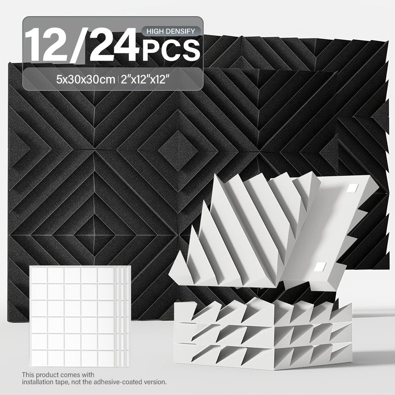 12pcs, 24pcs - Paneles de Espuma Aislante Acústica con Ranura Diamantada 5.08x30.48x30.48 cm, Paneles de Alta Densidad para Estudio, Paneles Decorativos 3D, Material Absorbente de Sonido para Hogar u Oficina (Incluye Pegatinas)