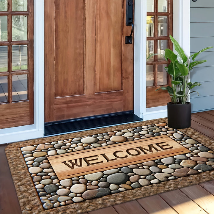1 Alfombra de Bienvenida Antideslizante para Puerta - Diseño Duradero y Lavable en Máquina con Estampado de Piedra y Textura de Madera - Ideal para Decoración Rústica, Uso Todo el Año, Material de Poliéster, Entrada Acogedora | Aspecto Natural con Diseño
