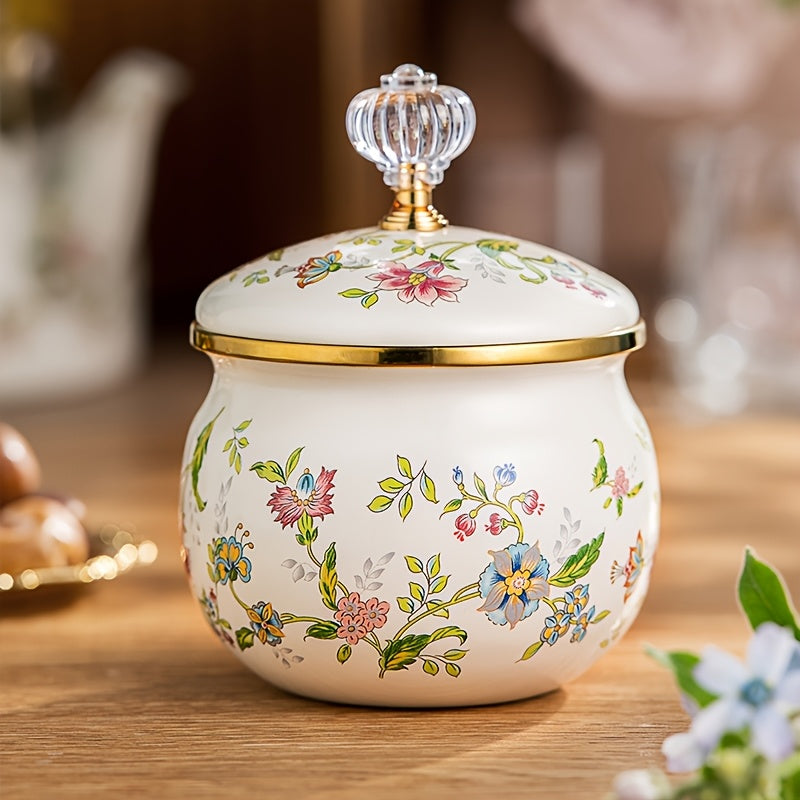 Tarro de azúcar floral esmaltado con tapa dorada, 1 unidad – Hermético, multiusos para almacenar café, té y alimentos, diseño redondo, solo lavado a mano