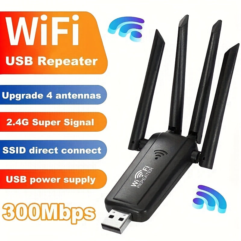 1 pieza de repetidor de WiFi USB, amplificador de señal de Internet de alta velocidad de 300 Mbps, mejorador de red portátil, material de PVC, alimentado por USB, no requiere batería, adecuado para redes domésticas.