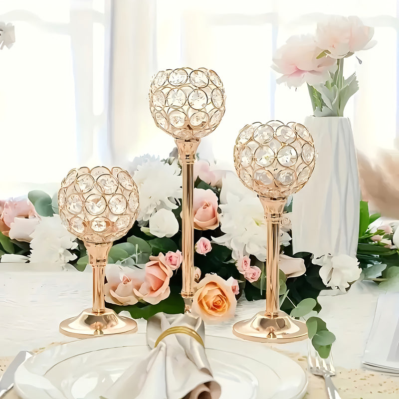 3 piezas de soportes de velas de cristal dorado elegante con acentos de cuarzo rosa - Perfectos para bodas, San Valentín, Navidad y fiestas (velas no incluidas), soportes de velas para mesa