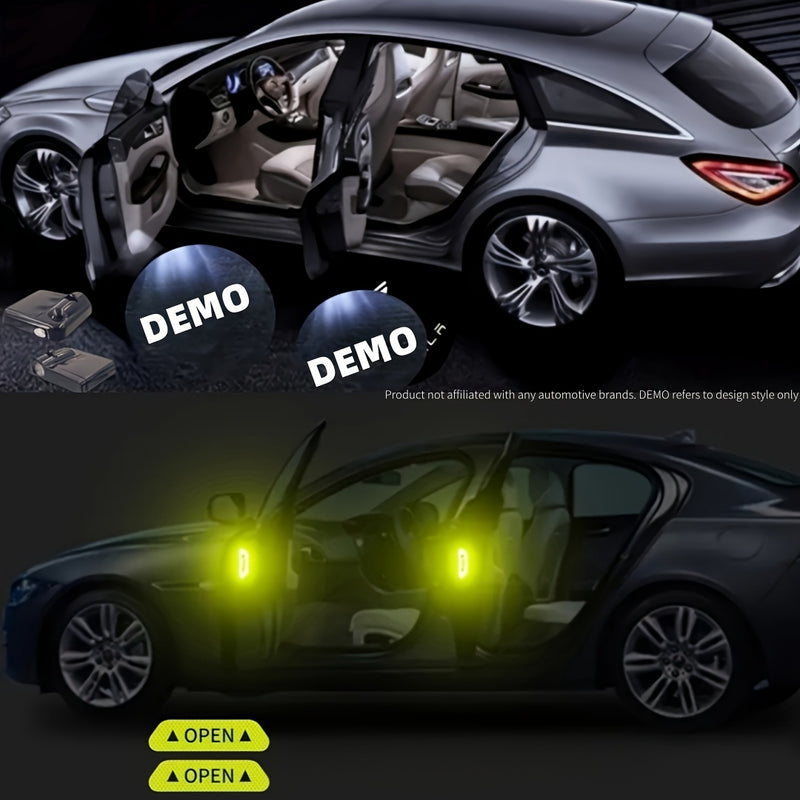 Conjunto de 4 Luces de Bienvenida para Puertas de Coche con Proyección de Logotipo al Estilo OEM, Proyector de Logotipos Universal Inspirado en el Equipo Original y 4 Pegatinas Reflectantes para Coches, Instalación Fácil - Compatibilidad Universal con la