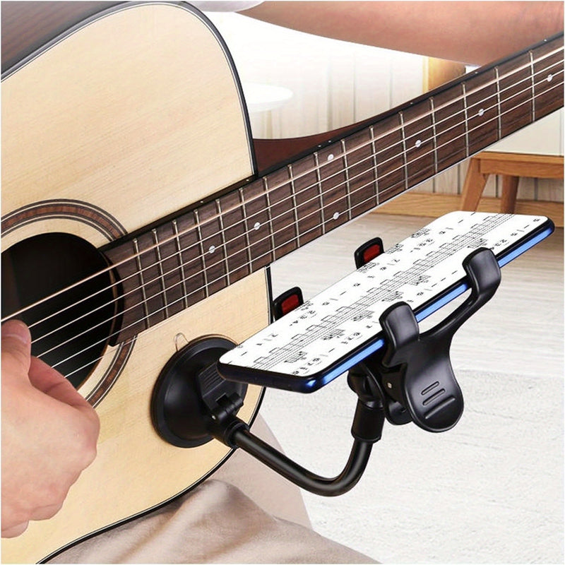 1 pieza, soporte de teléfono para guitarra giratorio de 360° con base de cuchara de succión fuerte - ABS negro, multiusos para actuaciones en vivo y video, ideal para la práctica de instrumentos y uso de escritorio, accesorio de guitarra | Soporte de tel