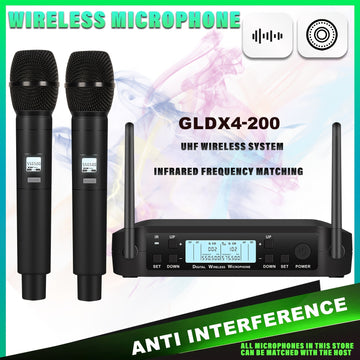 Micrófono de rendimiento profesional de 200 canales para escenario, banda, estudio, músicos, 2 micrófonos de mano, adecuado para el sistema inalámbrico de doble canal UHF D4-200