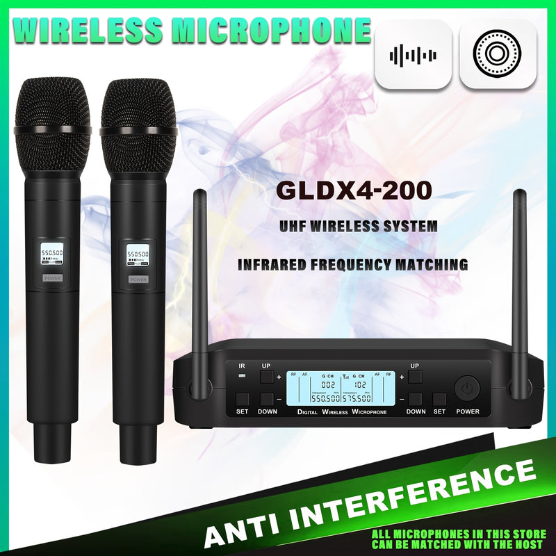 Micrófono de rendimiento profesional de 200 canales para escenario, banda, estudio, músicos, 2 micrófonos de mano, adecuado para el sistema inalámbrico de doble canal UHF D4-200
