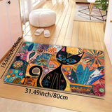 Alfombra de Entrada Decorativa de Arte Abstracto de Gato Lavable a Máquina - Revestimiento de PVC Antideslizante, Poliéster, Alfombra Rectangular para Baño, Cocina, Sala de Estar, Dormitorio