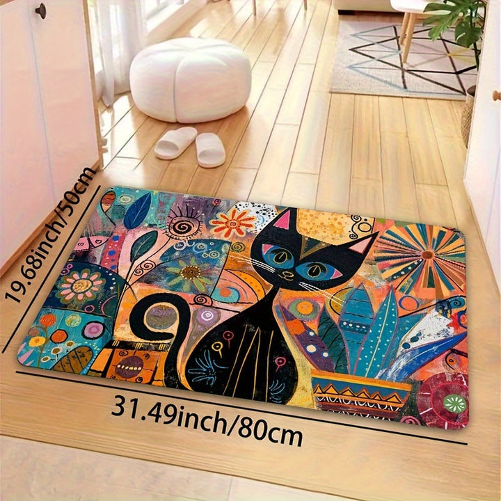 Alfombra de Entrada Decorativa de Arte Abstracto de Gato Lavable a Máquina - Revestimiento de PVC Antideslizante, Poliéster, Alfombra Rectangular para Baño, Cocina, Sala de Estar, Dormitorio