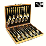 Juego de cubiertos de acero inoxidable de 4/24 piezas con caja de madera, de alta calidad, pulido al espejo, apto para lavavajillas, adecuado para restaurantes, cocinas y camping.