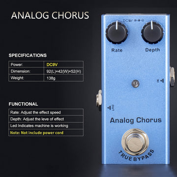 Efecto de coro de guitarra analógico, pedal de aluminio, conmutación de verdadero bypass, alimentado por USB, DC 9V, con cable de aumento de 5V a 9V USB, control de botón, azul claro para guitarra