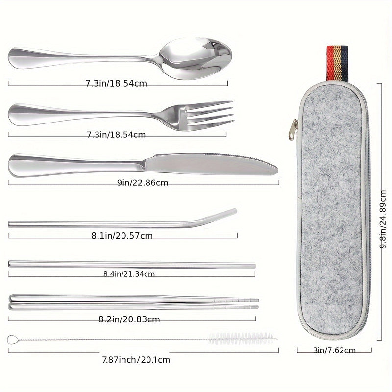 Utensilios Portátiles, Juego de Cubiertos para Viaje y Camping, 8 piezas incluyendo Cuchillo, Tenedor, Cuchara, Palillos, Cepillo de Limpieza, Pajitas, Estuche Portátil, Juego de Cubiertos de Acero Inoxidable