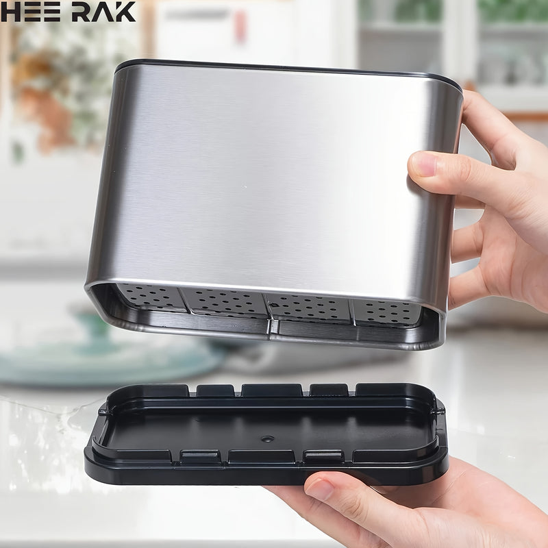 Un organizador de cubiertos de plata, un soporte de utensilios de cocina de encimera, un soporte de bolas de acero inoxidable, con un diseño de 4 compartimentos para organizar utensilios, cucharas y tenedores.
