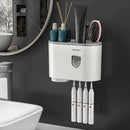 Juego de portacepillos de pared fácil de instalar con dispensadores automáticos de pasta dental, tazas magnéticas y ganchos - No requiere perforación