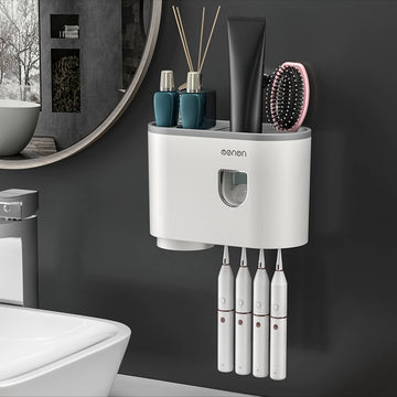 Juego de portacepillos de pared fácil de instalar con dispensadores automáticos de pasta dental, tazas magnéticas y ganchos - No requiere perforación