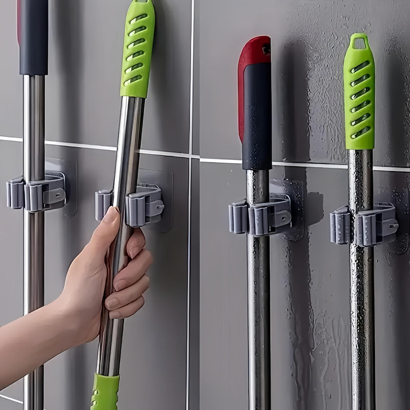 1/2/3pcs Soporte para trapeador y escoba montado en la pared, organizador de plástico de estilo contemporáneo, solución de almacenamiento fuerte adhesivo sin taladro para baño y cocina, ganchos de utilidad