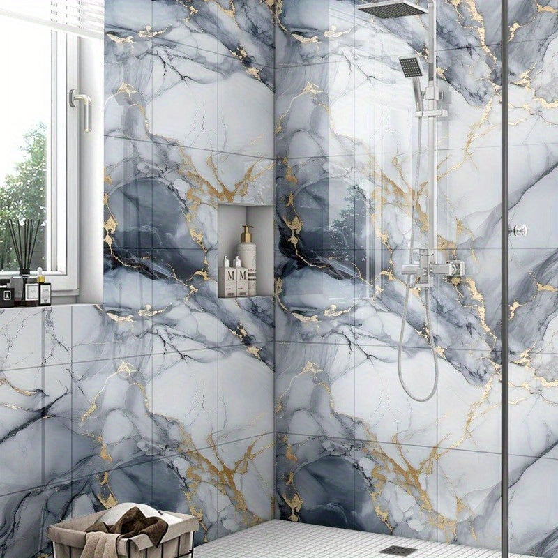 12 paneles autoadhesivos de mármol para pared de ducha, impermeables, elegantes en blanco y gris con vetas doradas, ideales para baño, cocina y sala, azulejos de PVC de 29.97 cm x 29.97 cm | Textura de mármol | Estructura de PVC, decoración para baño