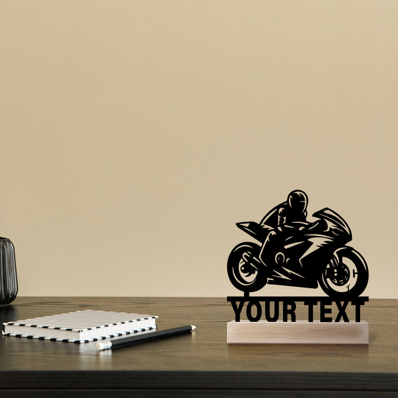 Decoración de escritorio de motocicleta de metal personalizado con base de madera - Arte de corredor personalizado para entusiastas de motocicletas - Regalo perfecto para papá y amantes de las motocicletas