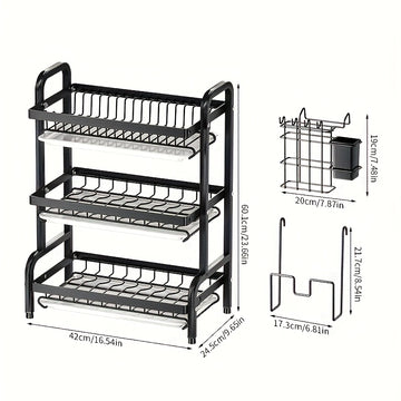 Estante de cocina de acero inoxidable de tres niveles con sistema de drenaje - Soporte de almacenamiento multifuncional para tazas y platos, diseño de gran capacidad que ahorra espacio adecuado para tazas, platos y tablas de cortar.